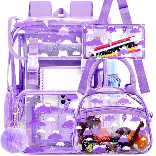 ZLYERT 17" Cat Clear Backpack for Girls - 3Pcs Flip Design Stadium Approved Set, Campus/School Transparent Bookbag (Purple)