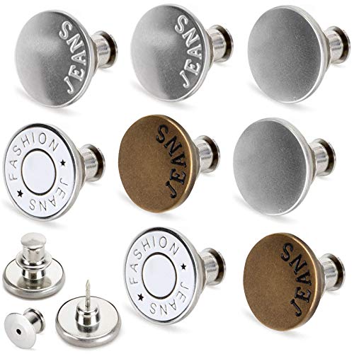 Upgraded 8 Sets Jean Button Pins, TOOVREN Buttons for Jeans, 4 Styles Pants Button Pins, Jean Buttons Replacement, Adjustable Button Pins for Jeans, No Tools Require Extend or Reduce Pants Waist Size