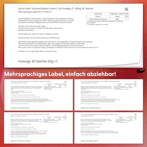 Doctor's Best, High Absorption Vitamin C mit PureWay-C, 500mg, mit Flavonoiden, 60 vegane Tabletten, Laborgeprüft, Glutenfrei, Sojafrei, Vegetarisch, Ohne Gentechnik