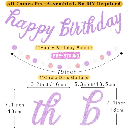 Image of Pink Purple Birthday Decorations for Women Girls, Pre-Strung, 24pcs | Happy Birthday Banner, Honeycomb Balls, Paper Flowers, Lanterns, Streamers, Dots Garland for Happy Birthday Party Decorations