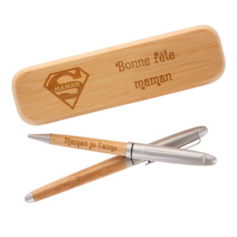 Ocadeau Coffret 2 stylos en bois personnalisé gravé – Gravure texte sur le coffret -Stylo bille et stylo roller