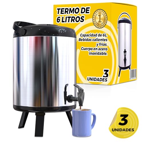 Termo Grande - Termo Contenedor 6L Portátil - Dispensador de Bebidas Térmico con Grifo - Dispensador Bebidas Frías/Calientes, Agua, Café - Para Catering, Hoteles o Reuniones - Acero Inox (3 uds)