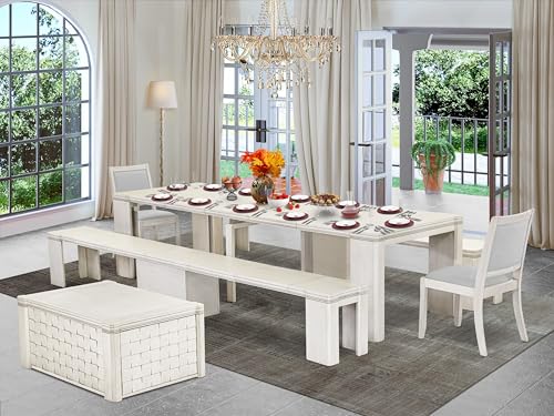 Image of X02X2-2CW-27 6-Pc Dining Table Set contains an Extendable Kitchen Table, 1 Coffee Table, 2 Stackable Polyester Dining Chairs and 2 Benches, 39x120 Inch, Antique White
