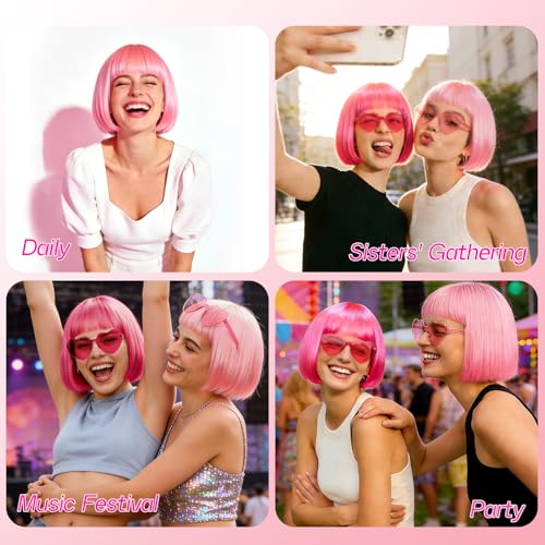 Image of DAJOOEE 2 Pack Party Wigs Wig Cap and Sunglass Set,Short Bob Hair Wigs Straight with Flat Bangs Synthetic Colorful Cosplay Daily Party Neon Wig for Women (Pink Mix)