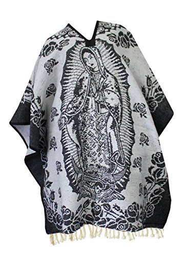 Del Mex Authentic Mexican Poncho Cobija Gaban Blanket -Black & White (Virgin Guadalupe)
