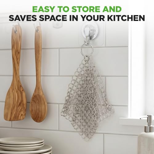 Image of NutriChef Stainless Steel Cast Iron Cleaner - 3.94 inchx3.94 inch Rustproof Dishwasher Safe Chainmail Metal Scraper Cleaning Tool for Preseasoned Pans, Pot, Dutch Oven, Skillet, Wok, Waffle Iron