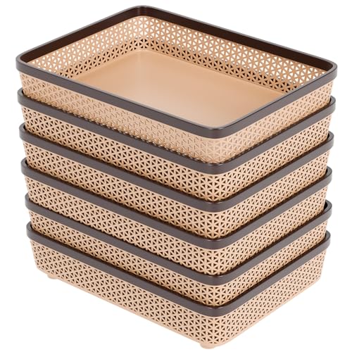 Image of TEX-RO Plastic Trays for Storage Organizer | Multipurpose Tray for Kitchen, Office & Drawer | Storage Tray for Documents, Cosmetics, Stationery | Woven Design Basket - Brown, Pack of 6