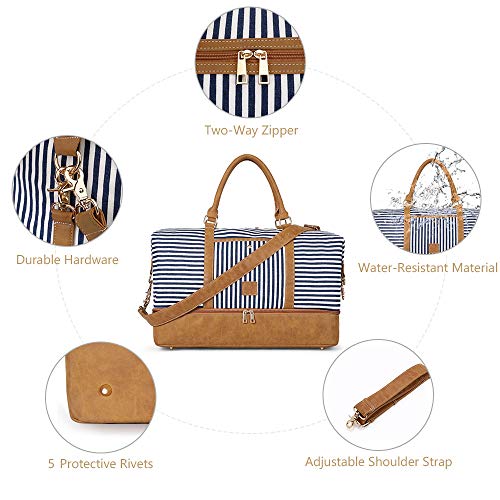 Plambag Canvas Duffel Weekender Bag with Shoe Compartment 42L Overnight Travel Tote Bag(Blue Stripe)