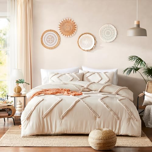 Image of Cupocupa 3-Piece King Size Comforter Set - Beige Bohemian Tufted Lightweight Jacquard Bedding with 2 Pillow Shams for All Seasons