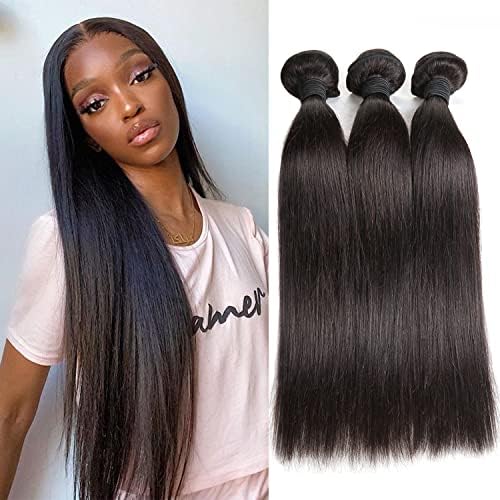 Straight Human Hair Bundles Brazilian Virgin Hair Weave 3 Bundles Silky Straight 12A Grade Unprocessed Human Hair Extensions Natural Black 10 12 14 inch 100g/pc