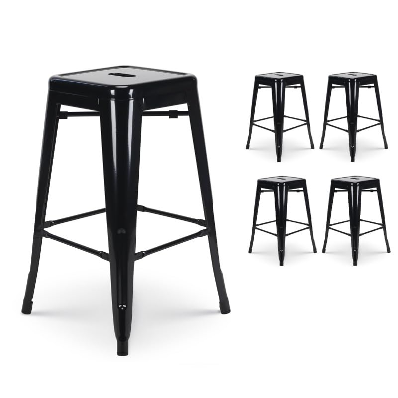 Lot de 4 tabourets de Bar en métal Noir Brillant Style Industriel - sans Dossier - Hauteur 66 cm