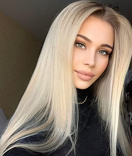 Xiweiya ombré longs Blond soyeux droite Perruque lace front synthétique avec foncé Racine pour femme, Drag Queen avec résistant à la chaleur Fibre Perruque de cheveux