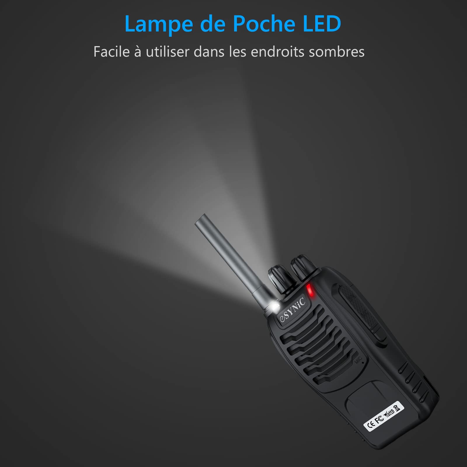 eSynic 4 pcs Walkie Talkie Rechargeable,Radio Bidirectionnelle PMR446,CTCSS/DCS,Lampe de Poche LED,Oreillette et USB Base de Chargement,émetteur-récepteur Portable pour Terrain, Expédition, Chantier