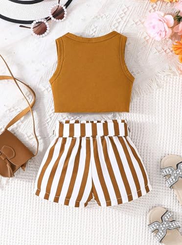 Image of Hilinker Girls 2 Piece Outfits Summer Tie Knot Tank Top and Striped Shorts Set Cute Clothes Brown Stripe 11-12Y