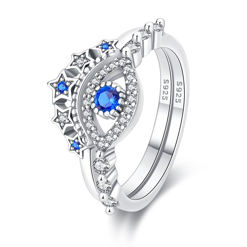 QIKAOLA 925 Sterling Silber Frauen Ringe Mond Stern Ring Evil Eye Ring Bunte Vintage Ringe Cubic Zirkonia Ring Stapelbare Statement Ringe für Frauen Größe 6-9