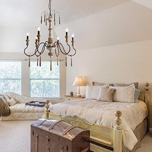 Laluz Farmhouse Chandelier, 6-Light French Country Lighting For Dining Room, Living Room, Handmade Distressed Wood, 28 Inches #TOP3
