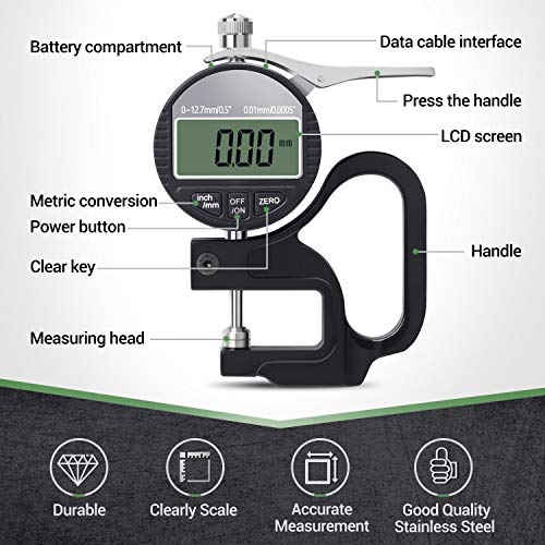 Bnise Digital Thickness Gauge 0.5 Inch/12.7Mm, 0.0005"/0.01Mm, Thickness Meter Metric/Inch Paper/Film/Fabric/Tape Thickness Gauge #TOP1
