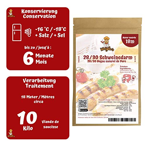 Wengler's Schweinedarm 28/30 - Bratwurst Naturdarm für eigene Wurst - 1A Metzgerqualität - brühfest, räucherfähig 18 Meter