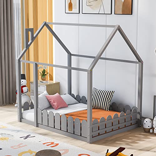 Meritline House Bed Full Size Kids Bed Frame With Fence, Montessori Beds With Roof, Wooden Full Floor Bed, Playhouse Bed Frame For Kids Girls Boys Teens (Gray) #TOP2