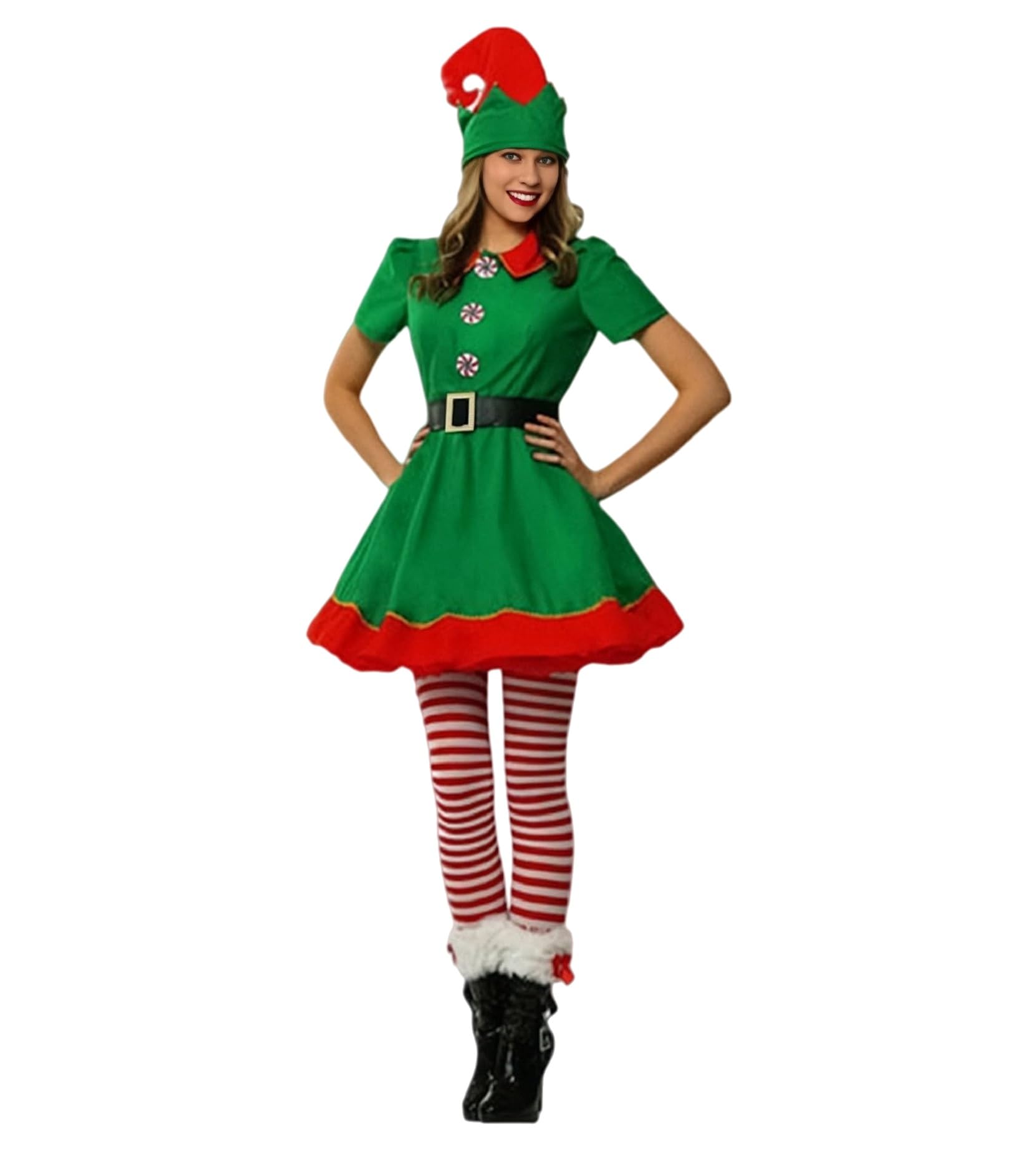Elf Costume for Women & Men 4pcs Santa's Helper Christmas Costumes Holiday Party Fancy Dress Adults Elf Outfits for Carnival Role Playing Xmas