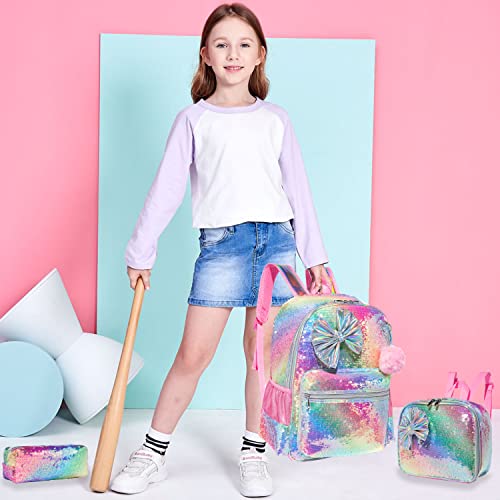 Egchescebo Kids Girls Travel School Teen Girl Sequins Kid Clear 3Pcs Bow Tie Backpack With Plush Lunch Box Bags Cute Backpacks School Elementary Teenage Gifts Trendy Stuff For Toddler Gradient Pink #TOP6