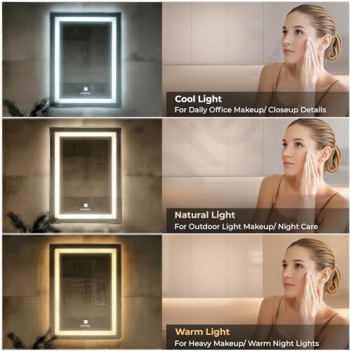 Image of Plantex Metal LED Wall Mirror with Triple-Tone /Touch Mirror for Bedroom /Dressing Room /Living Room - Rectangle Shape (18 X 24 Inch)