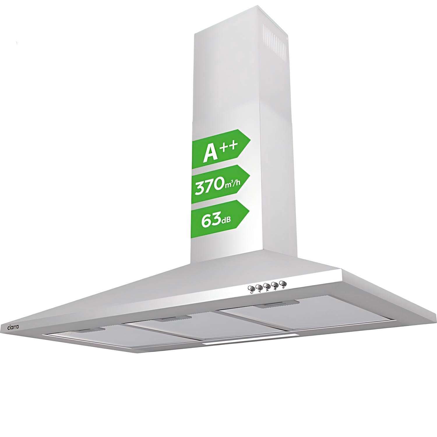 CIARRA ASS9201 Hotte Aspirante 90 cm Classe A++ - 370m³/h - Filtres à Charbon INCLUS - Recyclage ou Evacuation - Cheminée Extensible - Inox