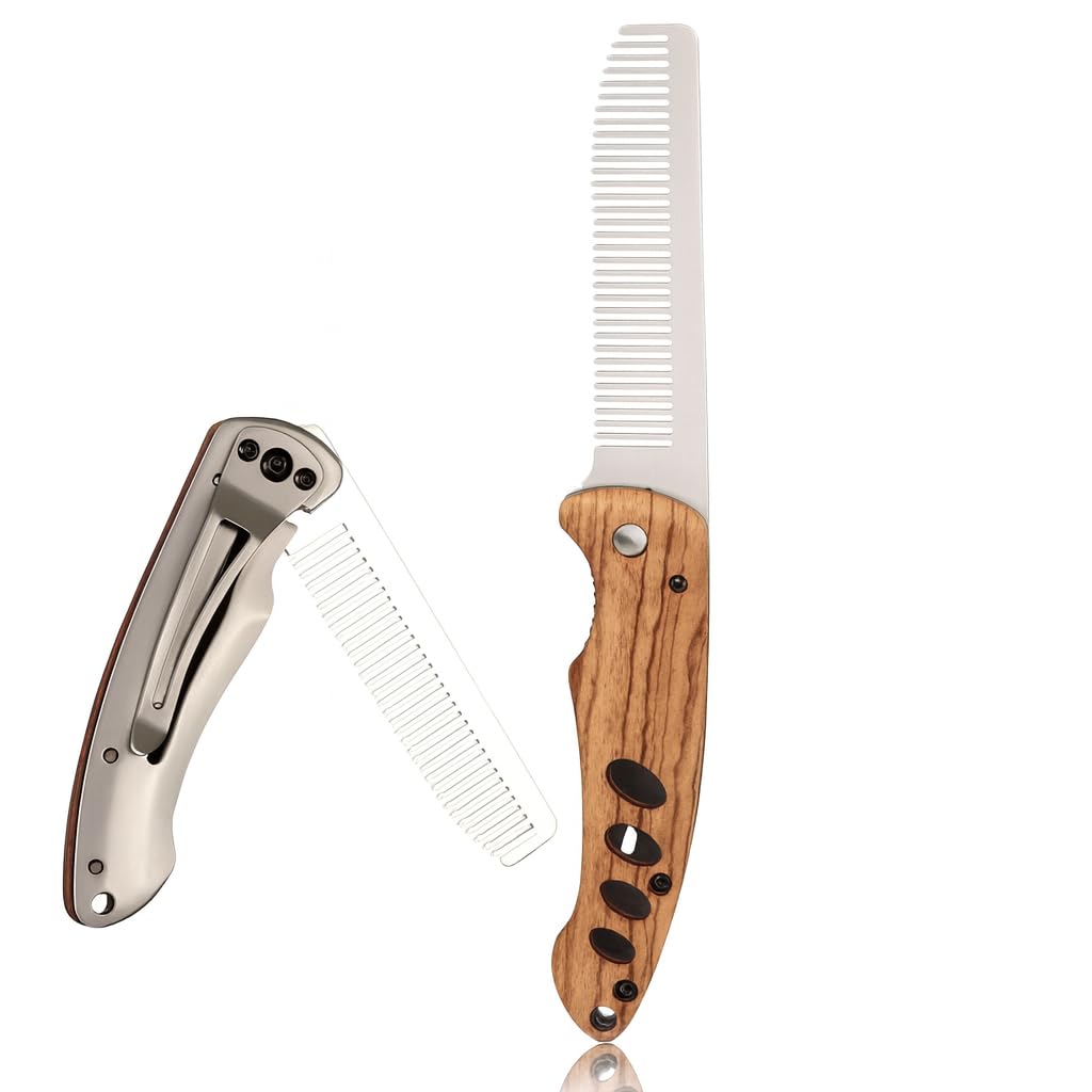 1 Pezzi pettine barba uomo pieghevole in legno e acciaio inox, accessorio da viaggio per barba baffi, modello tascabile per capelli e cura quotidiana maschile, design portatile per uso casa e viaggio
