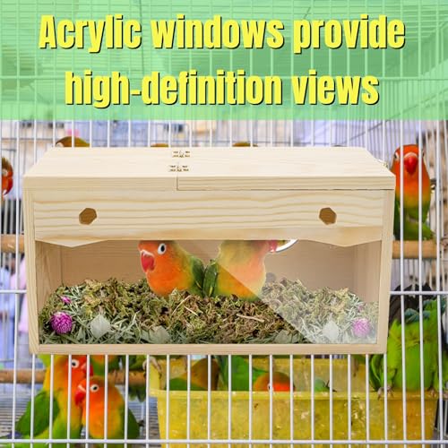 Image of Hiceeden Visual Parakeet Nesting Box, Premium Pine Bird Nest Box with Perch, Transparent Acrylic Bird Cage House Wooden Breeding Box for Budgie, Finch, Lovebirds, Cockatiel, Parrot, 9.8x4.9x5 Inches