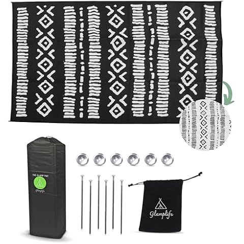 RV Rug with Metal Patio Rug Stakes - 9X12 Camping Rugs for Outside Your RV Recycled Reversible Mats Patio Rug Waterproof - Outdoor Rug with Stakes with Bag Included for Camping Cover