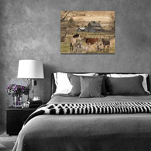Farm Animal Wall Art Country Rustic Old Barn Pictures Wall Decor Canvas Print Farmhouse Western Landscape Painting Home Artwork For Bathroom Living Room Bedroom Office Framed 16"X12" #TOP5