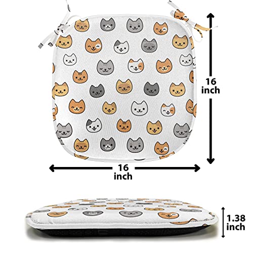 Ambesonne Cartoon Chair Seating Cushion Set Of 12, Happy Funny Kittens In Colorful Design Smiling Animals Eyes Print, Soft Seat Pads With Anti-Slip Backing, 16"X16", Pale Orange And Pale Brown #TOP6