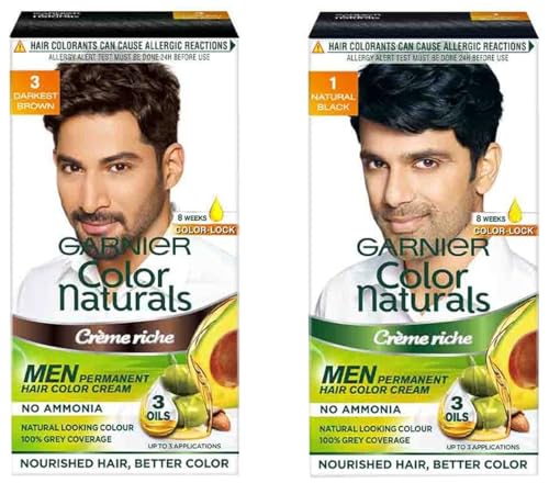 Garnier Hair Colouring Creme, Long-lasting Colour, Smoothness & Shine, Color Naturals Men, Shade 1: Natural Black (30 ml + 30g) and Shade 3: Darkest Brown (30 ml + 30g)