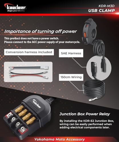 Image of KAEDEAR USB-A & USB-C Motorcycle Charger, PD 30W, Water Resistant, KDR-M3D | USB-A and USB-C ports, PD 30W, QC3.0 18W, water resistant, SAE DC 12V, clamp mounting, fast motorcycle charging