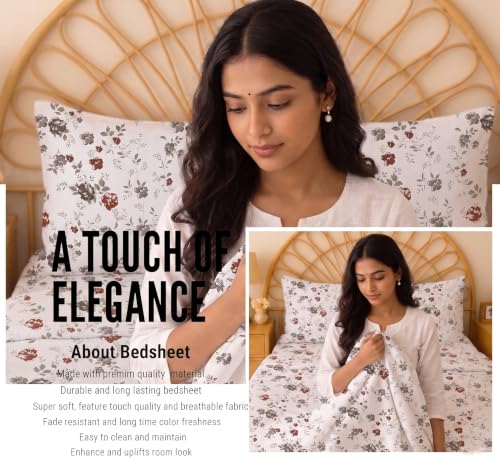 Image of IVAZA 220 TC Soft Ezyption Cotton Floral Single Bed Sheet - Single bedsheet with 1 Pillow Cover Hypoallergenic, Brethable, (Size- 90 x 60 Inch Grey Flower