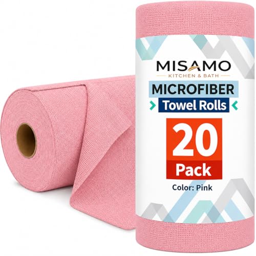 Image of Misamo Enterprise Microfiber Cleaning Cloth Roll, 25x25 cm, Reusable Tear-Away Towels, 20 Pack (Pink, Pack of 1)