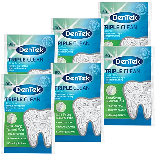 DenTek Triple Action Floss Picks - 90 Count x 6 Packs (540 Dental Floss Picks)