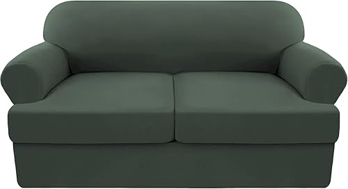 GAMUKAI Fleecce - Funda de sofá de 3 piezas con cojín en T funda de sofá suave para sofá protector de muebles con 2 cojines individuales oliva sofá