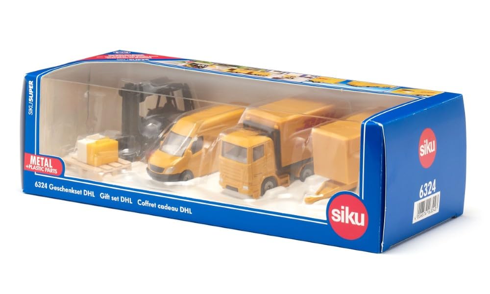 Siku 6324, Set logistico DHL, 4 pezzi, Metallo/Plastica, Giallo, Varie funzioni, Set di giocattoli, Combinabile con modelli stessa scala