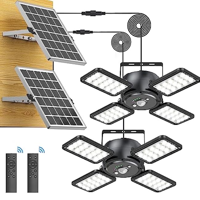 Solar Shed Light Outdoor Indoor Solar Powered Motion Sensor Pendant Light,144LED 1200LM Daytime Work with 5 Modes & Remote Control 4 Heads IP65 Waterproof for Garage Barn Shop 2 Pack