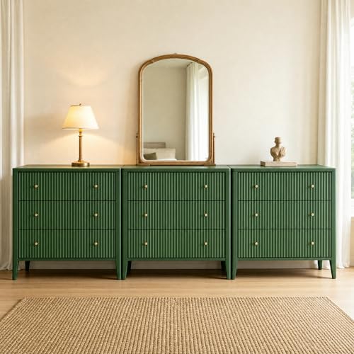 Image of Fatmok Fluted 3 Drawer Dresser for Bedroom Set of 3, 34 inch Wide Chest of Drawers, Modern Wood Nightstand End Table with Metal Handles, Striped Storage Cabinet for Living Room, Hallway,Green