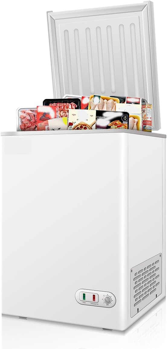 3.0 Cu.ft Chest Freezer with Lockable Stay-Open Lid Painted Solid Top Commercial Deep Chest Freezers Adjustable Thermostat Energy Efficient Compact Freezer for Garage Kitchen Office Steel White