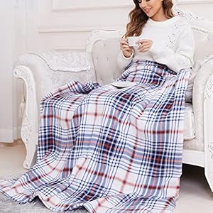 Electric Heated Blanket Throw with 4 Heating Levels & 3 Hours Auto Off, Soft Fleece Heated Throw 50″ x 60″ for Home Office Use, Machine Washable – Blue & White Buffalo Plaid