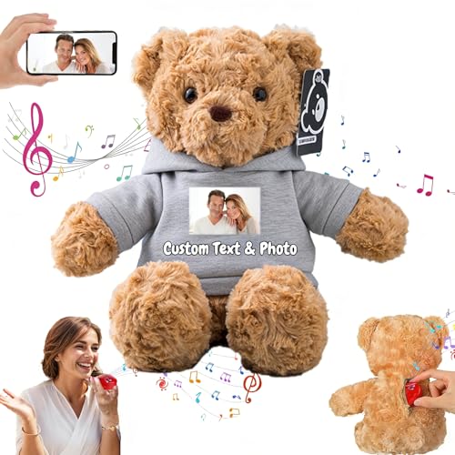MeterBear Personalisierter Teddybär mit Aufzeichnung für Frauen Männer, Personalisierte Plüschbär mit Schleife mit Foto+Text als Geschenk für Weihnachten Valentinstag (26cm-Foto+Text)