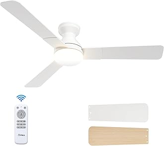 Ceiling Fans with Lights, 52 inch Low Profile Ceiling fan with Light and Remote Control, Flush Mount, Reversible, 3CCT, Dimmable, Noiseless, White Ceiling Fan for Bedroom, Indoor/Outdoor Use