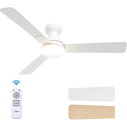 Amico Ceiling Fans with Lights, 52 inch Low Profile Ceiling fan with Light and Remote Control, Flush Mount, Reversible, 3CCT, Dimmable, Noiseless, White Ceiling Fan for Bedroom, Indoor/Outdoor Use
