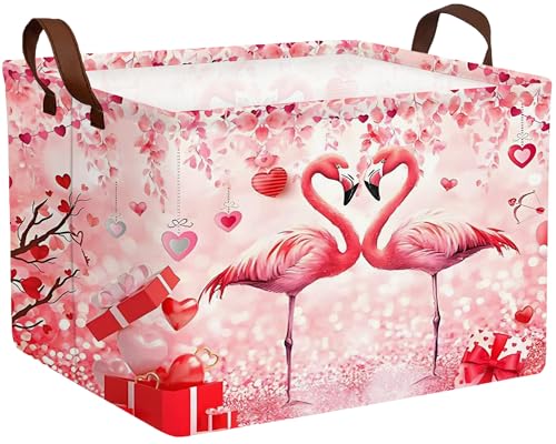 Image of Valentines Day Basket Large Foldable Heart Shaped Storage Box for Gifts Kids Empty Storage Bins Rectangular Toy Organizer Decor (Love Flamingo)