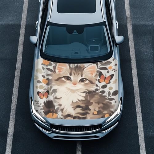 Image of Cat Car Hood Protector, Cute Watercolor Kitten Butterfly Can be Washed, Countryside Flower Field Automotive Exterior Accessories Car Hood Decoration and Protection(3X5FT)