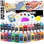 Fabric Paints Permanent for Clothes 24 Colours Fabric Paint 60 ml/2oz Textilfarbe for Kids Machine Washable Textile Paints for Clothing T-Shirt Shoes Jeans Bag with Brushes Palette Stencils Sponge