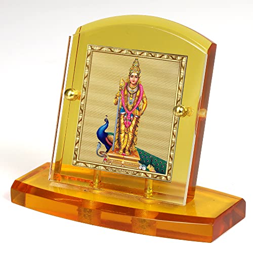 Image of Eknoor 24 Carat Gold Plated Foil on Solid 5MM Thick Acrylic Base Murugan Kartikeya Ji with Peacock God Idol with Golden Frame for Car Dashboard, Puja Ghar and Offices (Golden Frame)